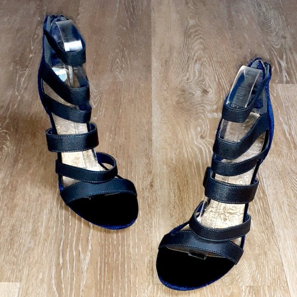 Ann Marino Navy Blue Suede 4'" open toe heels - Picture 3 of 5